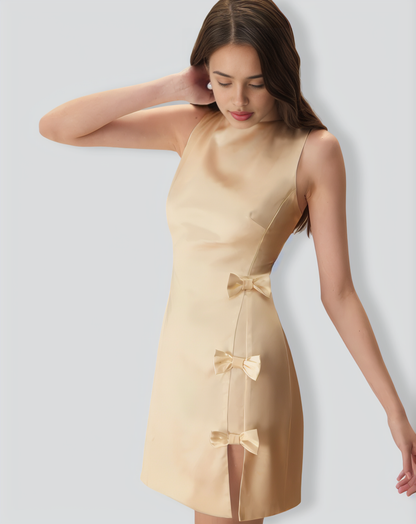 The Yellow Boat Neck Bowknot Satin Mini Dress