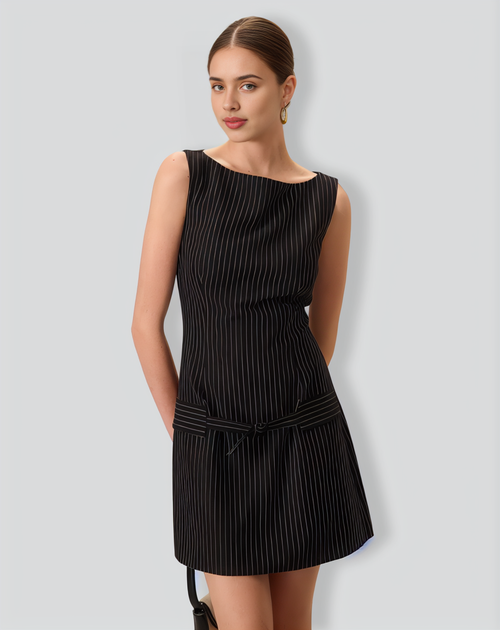 Women's Black Boat Neck Striped Mini Dress