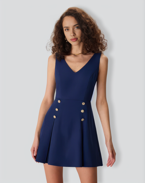 Women's Navy V-Neck Pleated Mini Dress