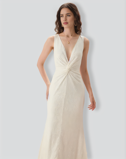 White Lace Twist Backless Maxi Dress