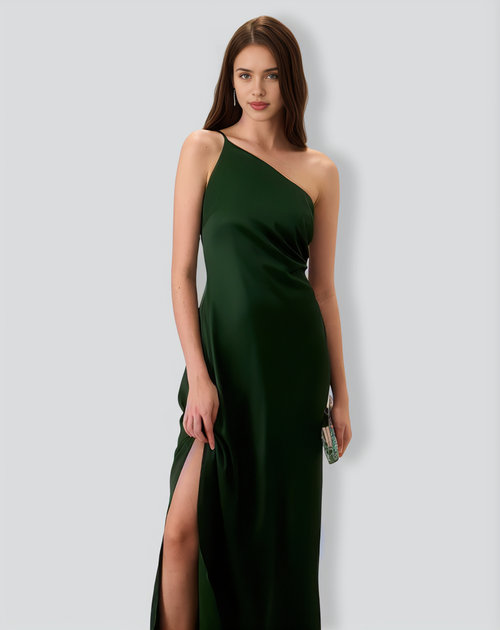 Women's Green One-shoulder Satin Maxi Dress