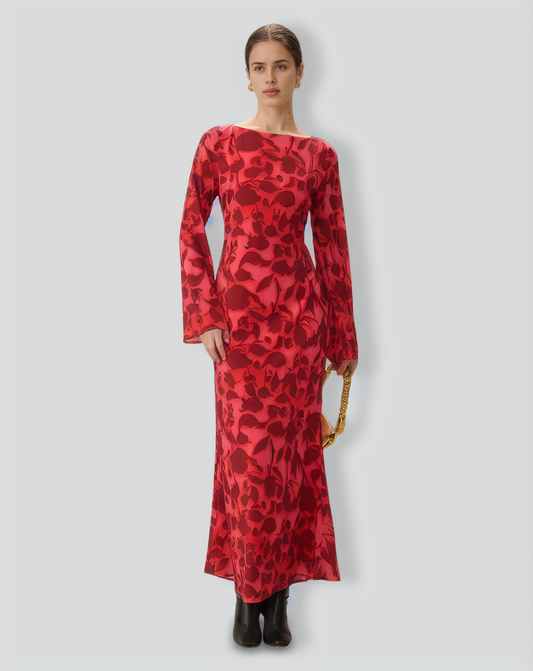 Red Floral Bell Sleeve Maxi Dress