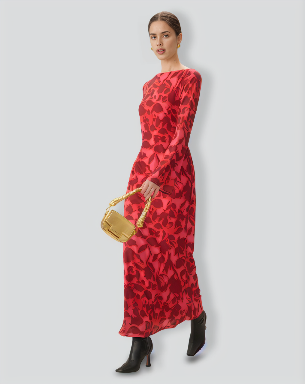Red Floral Bell Sleeve Maxi Dress