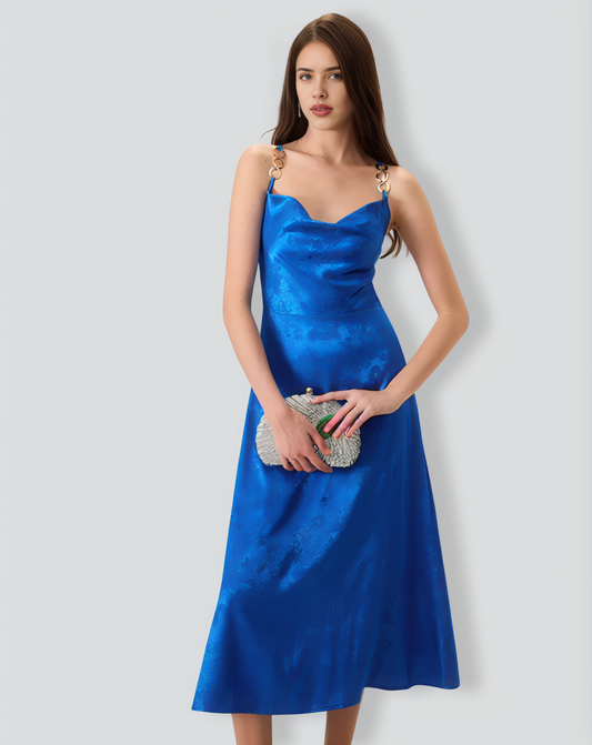 Women's Blue Cowl Neck Jacquard Slip Midi Dress