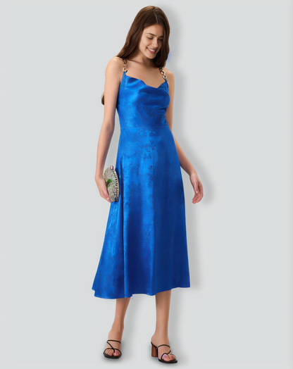 Women's Blue Cowl Neck Jacquard Slip Midi Dress