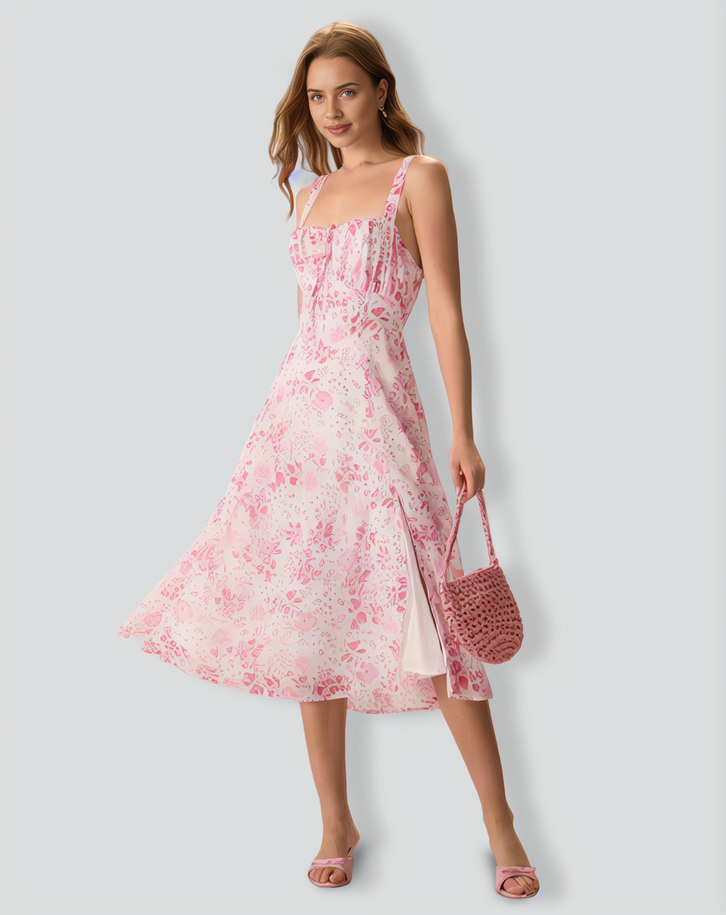 The Pink Square Neck Floral Ruched Midi Dress