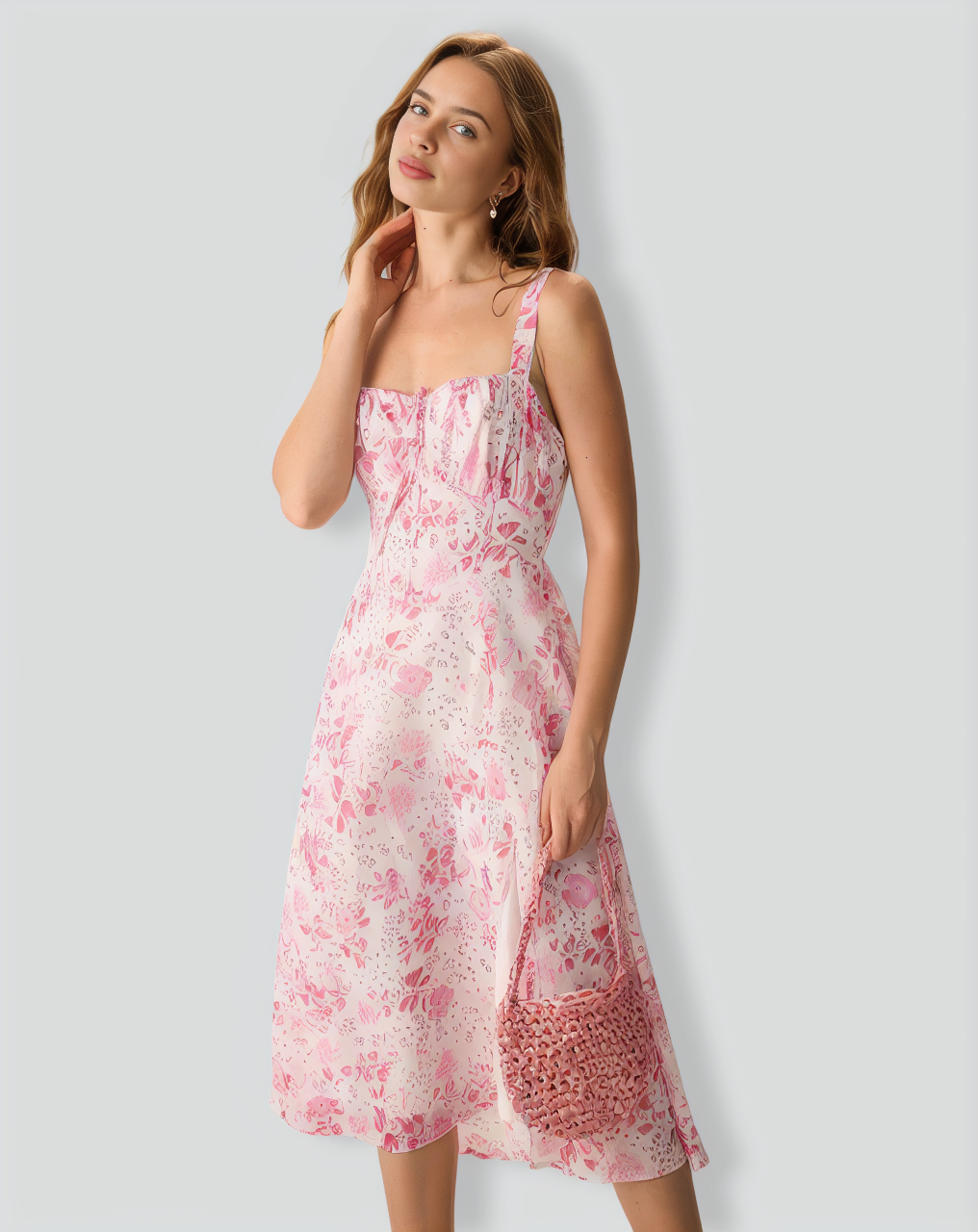 The Pink Square Neck Floral Ruched Midi Dress
