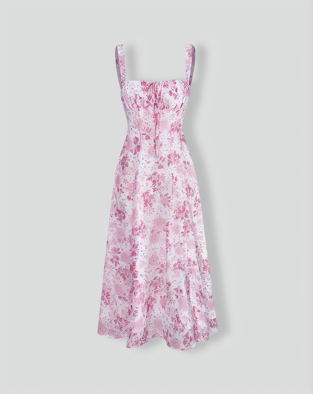 The Pink Square Neck Floral Ruched Midi Dress
