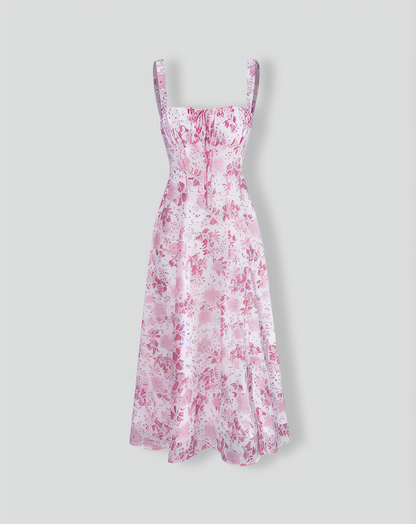 The Pink Square Neck Floral Ruched Midi Dress