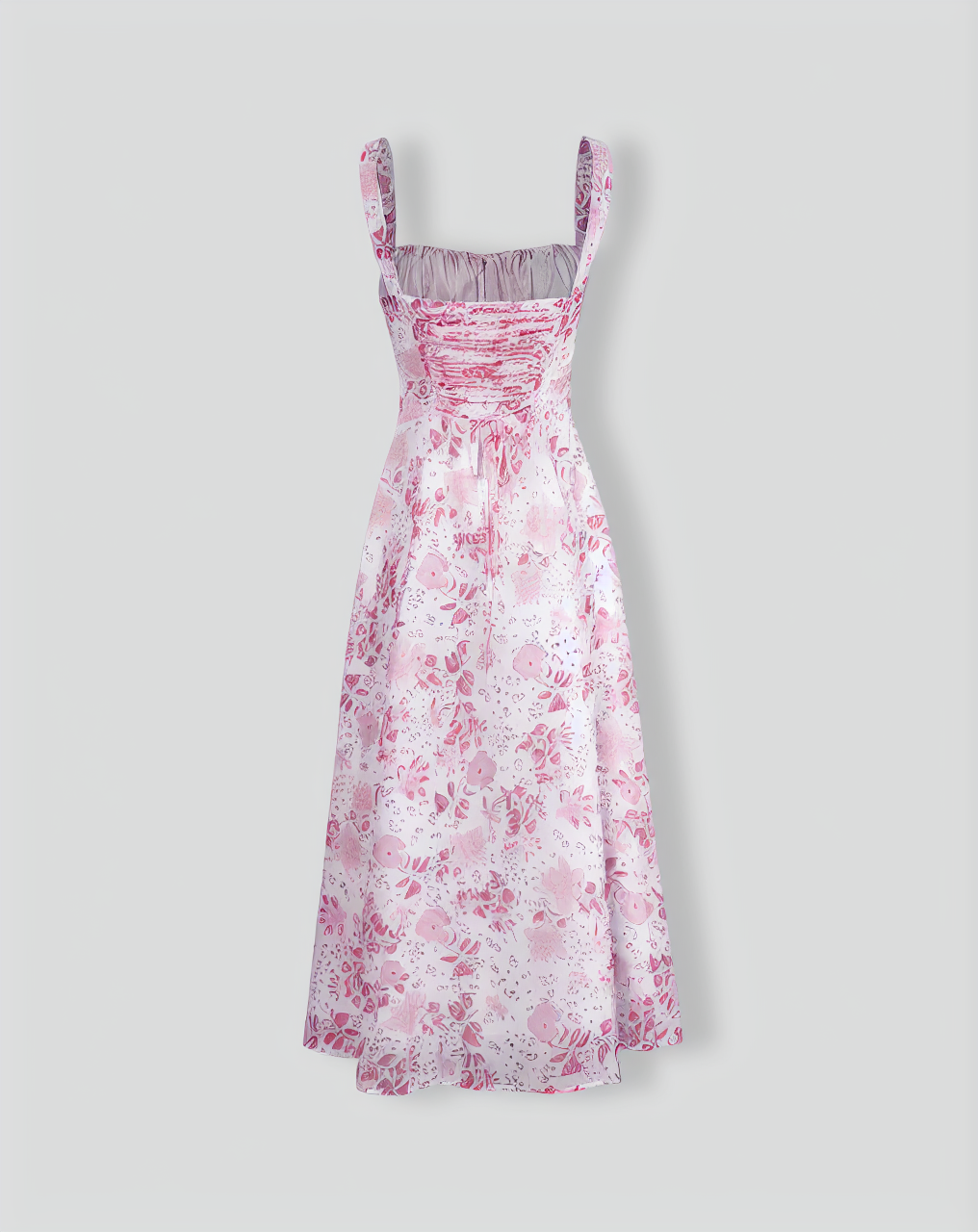The Pink Square Neck Floral Ruched Midi Dress