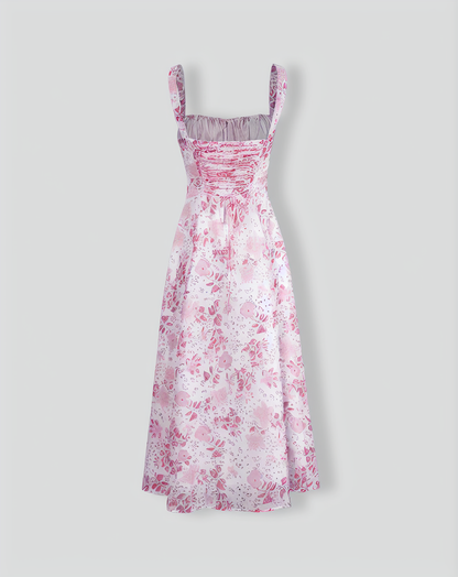 The Pink Square Neck Floral Ruched Midi Dress