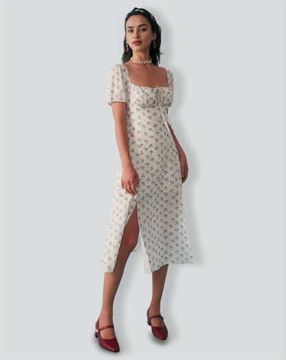 The Short Sleeve Floral Ruched Midi Dress
