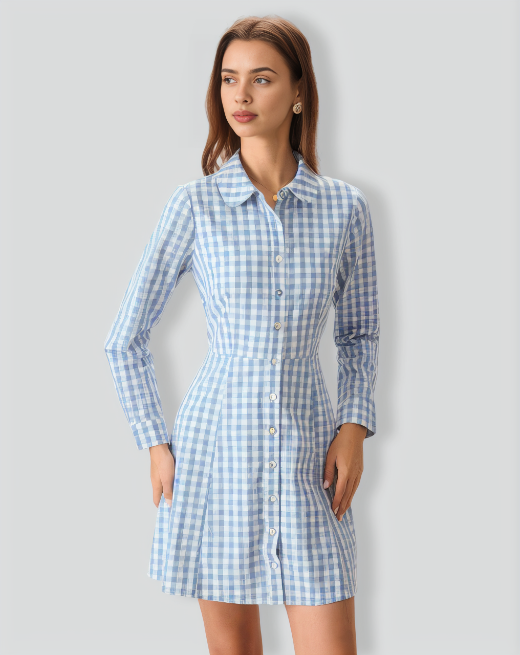 Women's Blue Plaid Long Sleeve Mini Dress