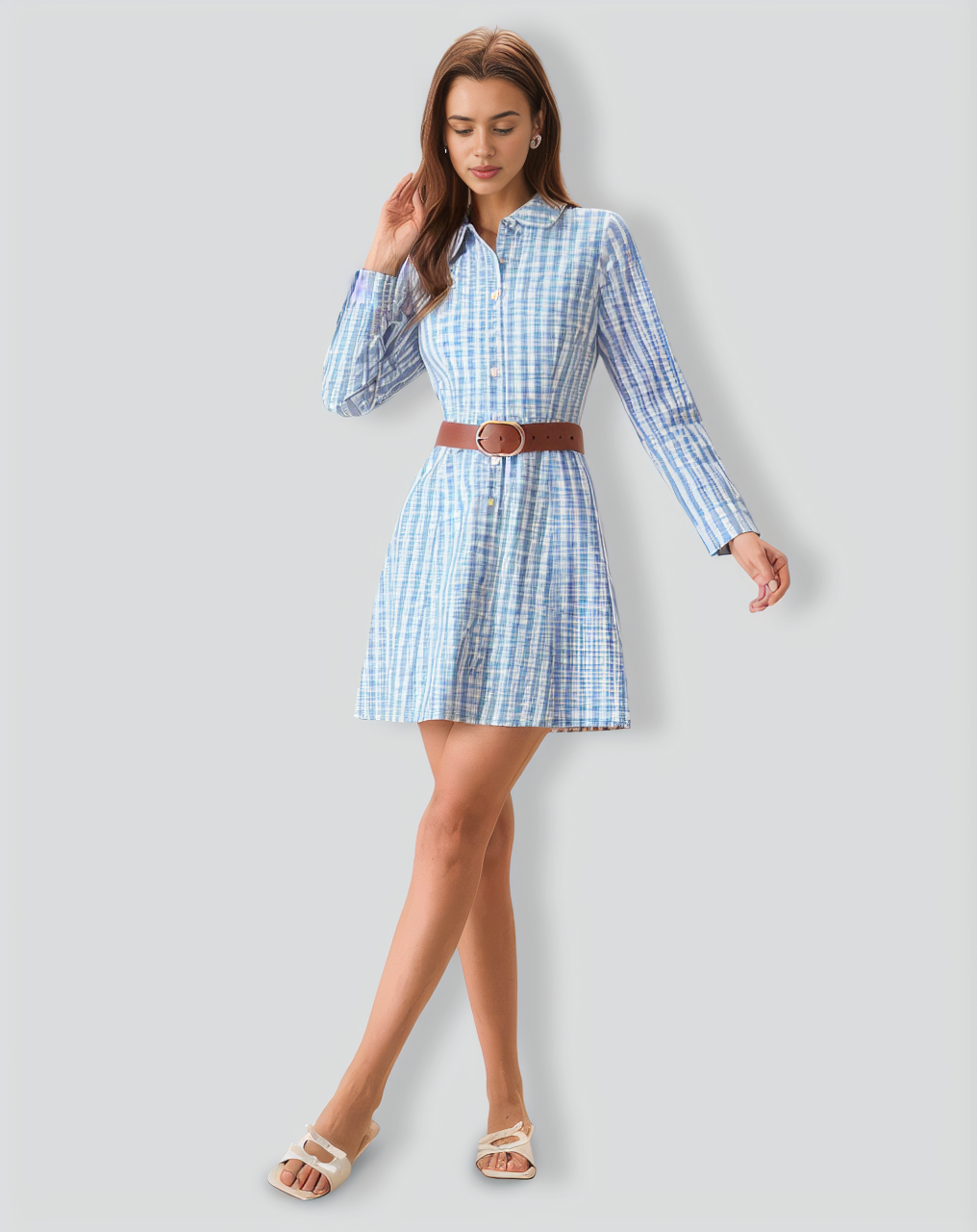 Women's Blue Plaid Long Sleeve Mini Dress