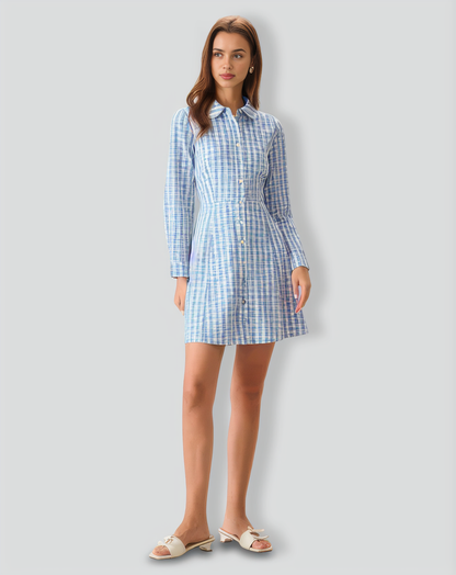 Women's Blue Plaid Long Sleeve Mini Dress