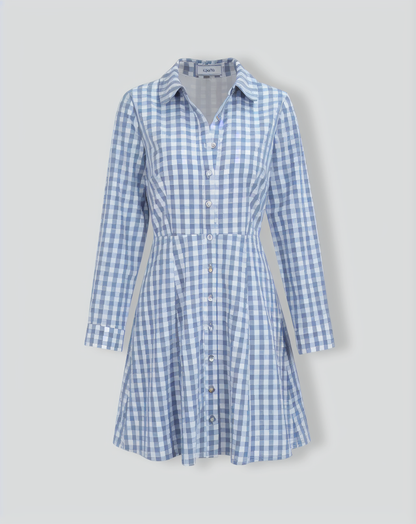 Women's Blue Plaid Long Sleeve Mini Dress