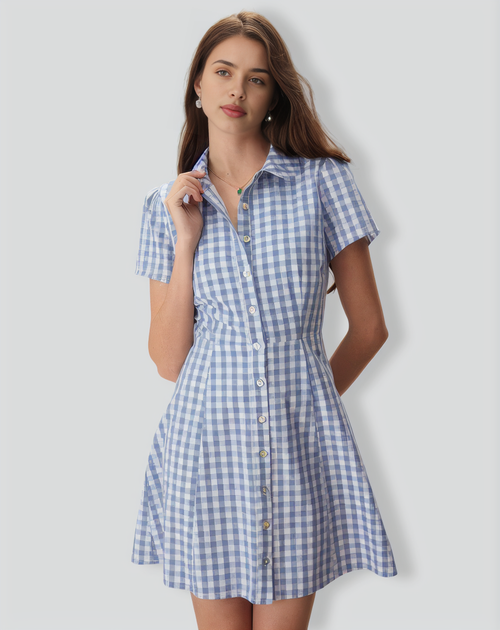 Women's Blue Plaid Lapel Cotton Mini Dress