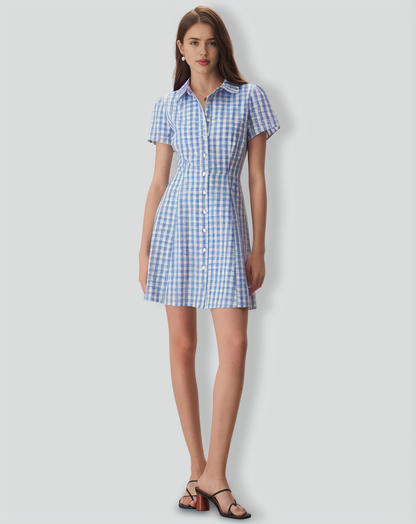 Women's Blue Plaid Lapel Cotton Mini Dress