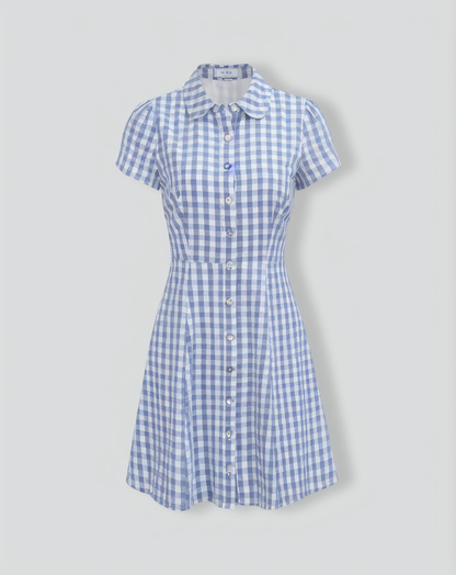 Women's Blue Plaid Lapel Cotton Mini Dress