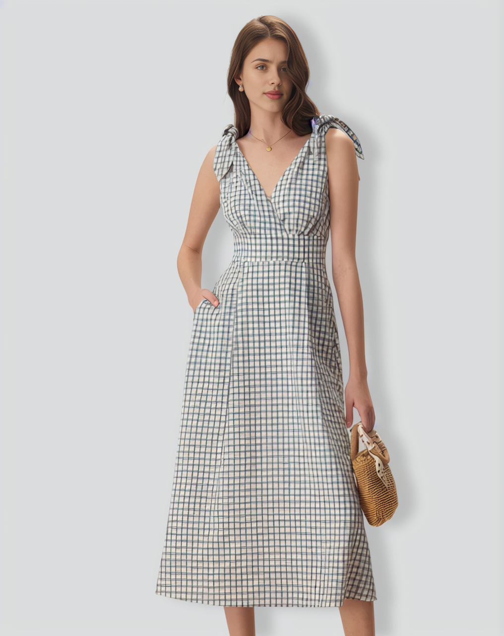 The Black V-Neck Plaid Tie Strap Cotton Midi Dress
