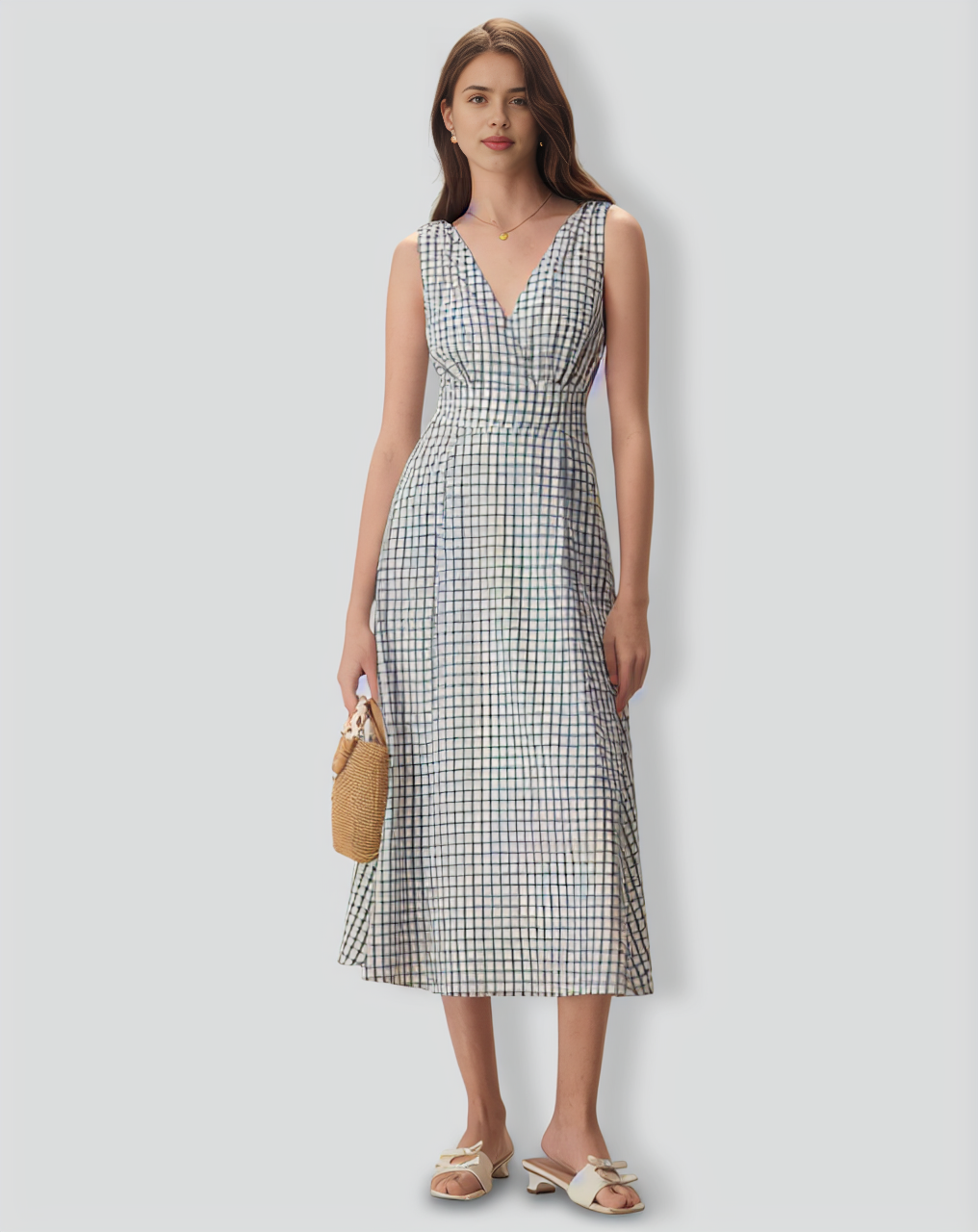 The Black V-Neck Plaid Tie Strap Cotton Midi Dress
