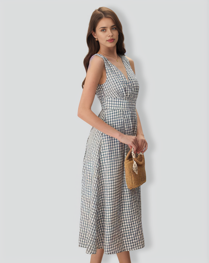 The Black V-Neck Plaid Tie Strap Cotton Midi Dress