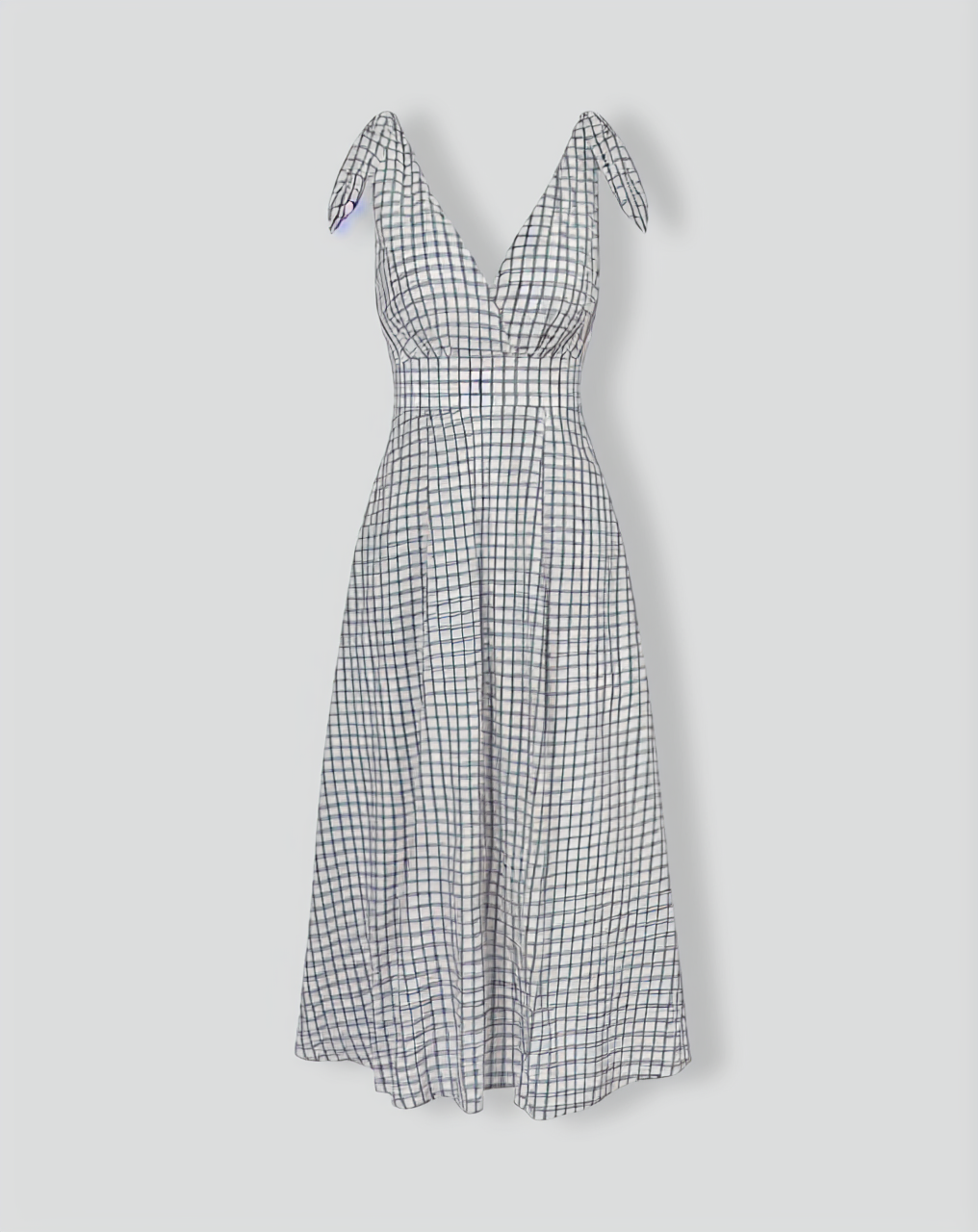 The Black V-Neck Plaid Tie Strap Cotton Midi Dress