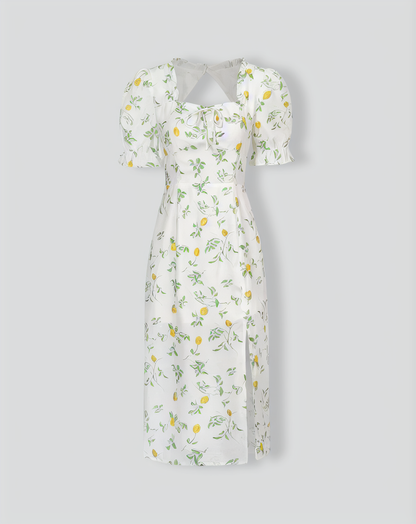 The White Square Neck Frill Trim Floral Midi Dress