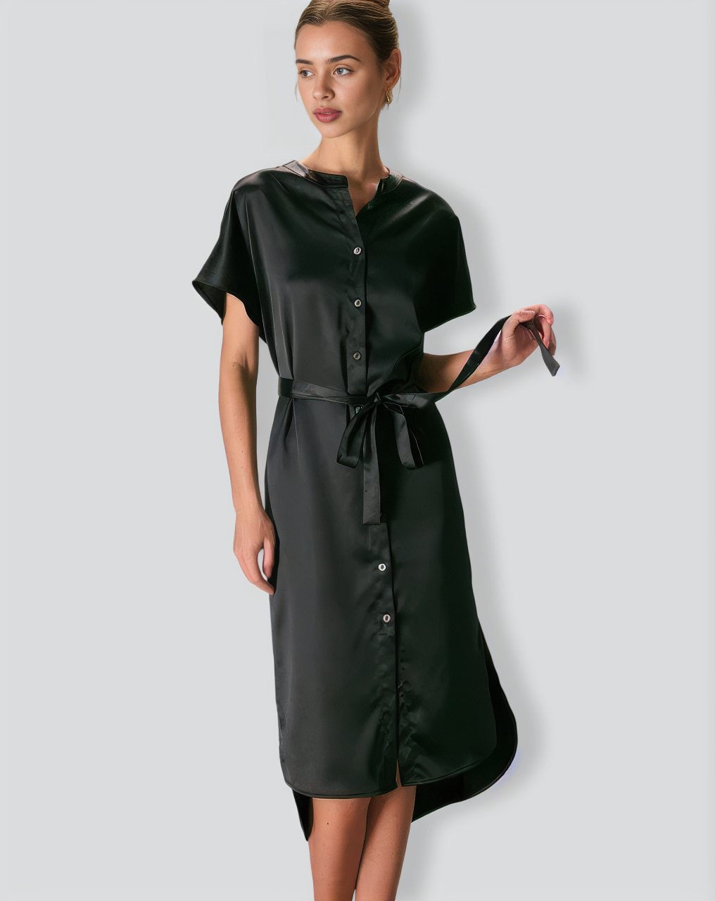 The Black Crew Neck Belted Satin Midi Dress