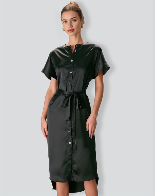 The Black Crew Neck Belted Satin Midi Dress