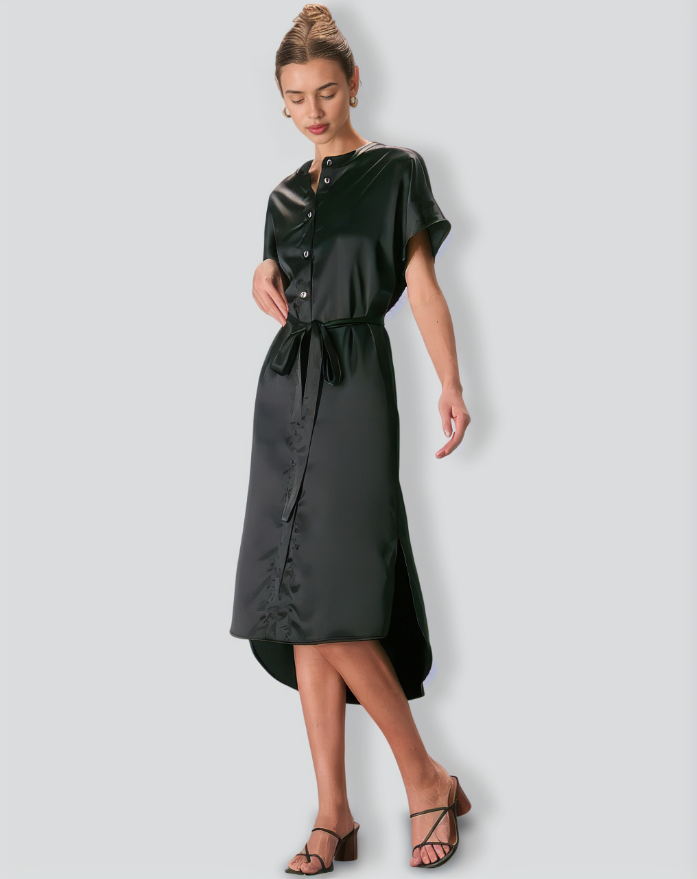 The Black Crew Neck Belted Satin Midi Dress