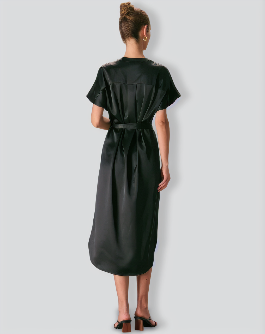The Black Crew Neck Belted Satin Midi Dress