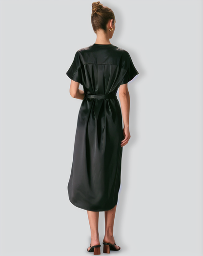 The Black Crew Neck Belted Satin Midi Dress