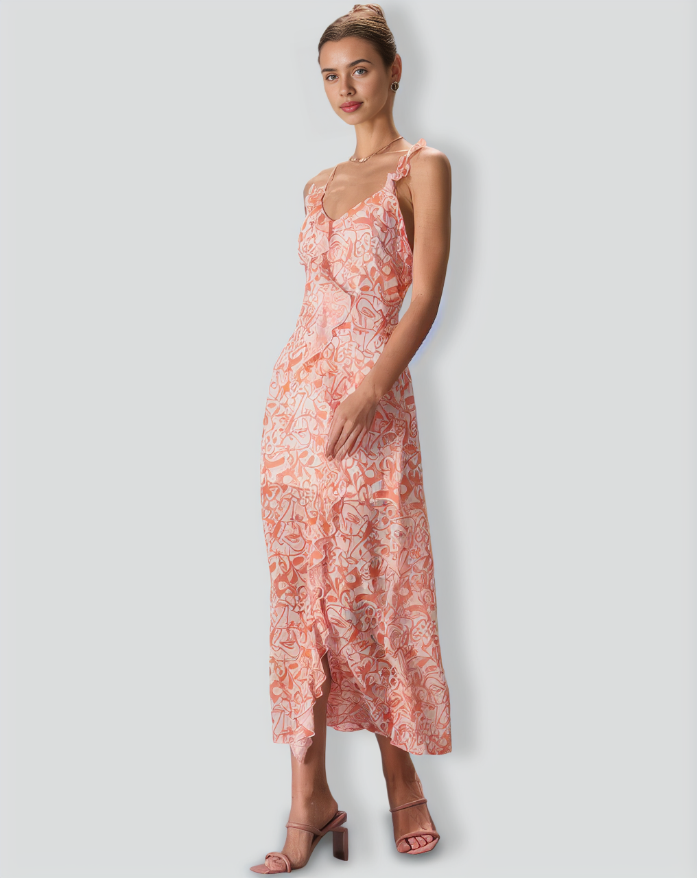 The Orange V Neck Floral Ruffle Maxi Dress