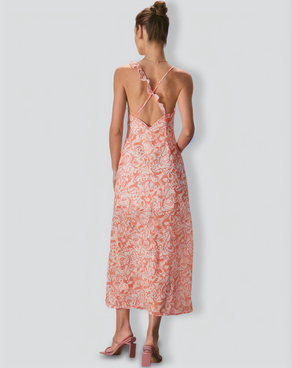 The Orange V Neck Floral Ruffle Maxi Dress