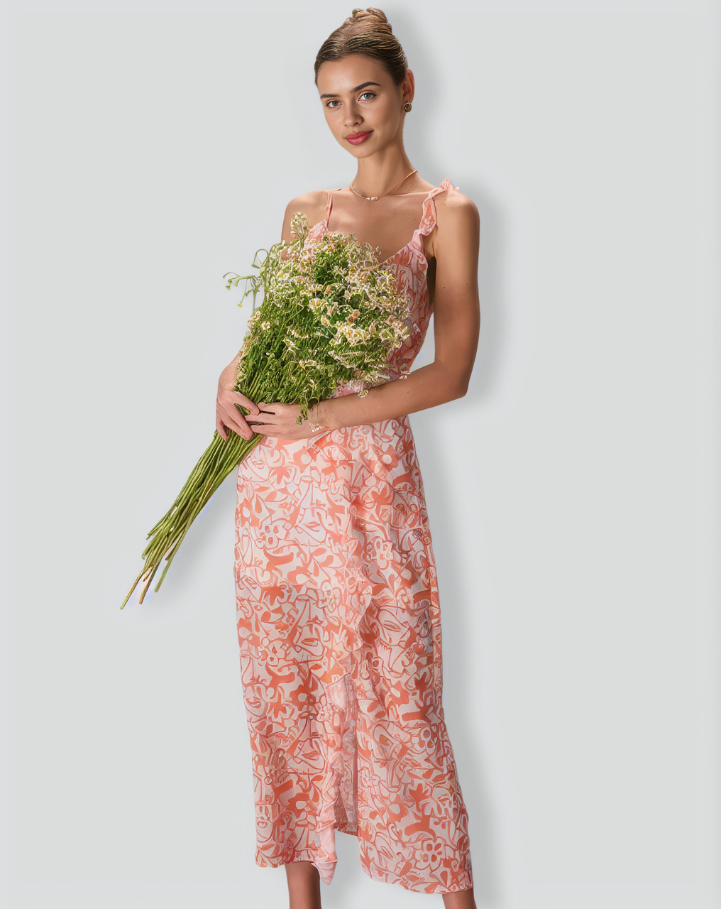 The Orange V Neck Floral Ruffle Maxi Dress