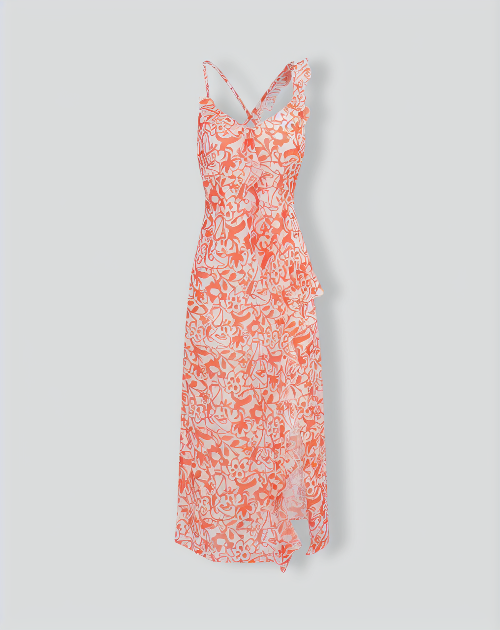 The Orange V Neck Floral Ruffle Maxi Dress