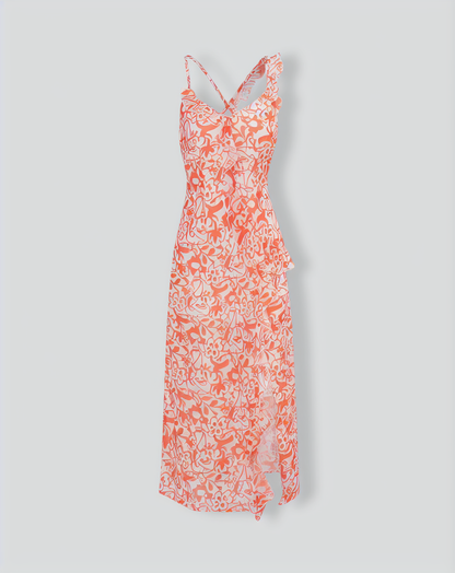 The Orange V Neck Floral Ruffle Maxi Dress
