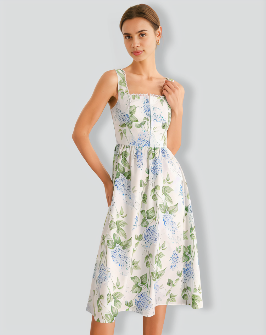 The White Square Neck Floral A-Line Midi Dress