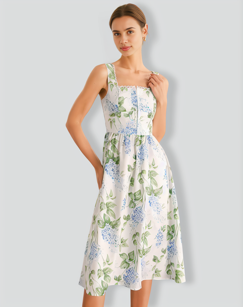 The White Square Neck Floral A-Line Midi Dress