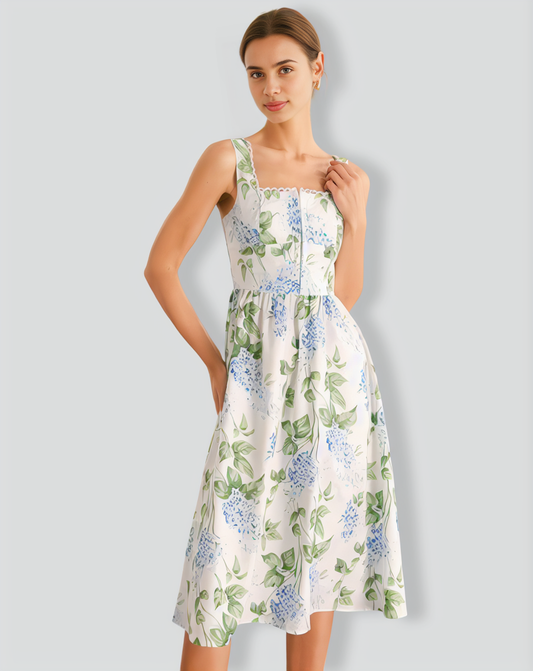 The White Square Neck Floral A-Line Midi Dress