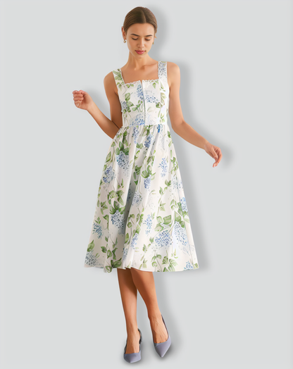 The White Square Neck Floral A-Line Midi Dress