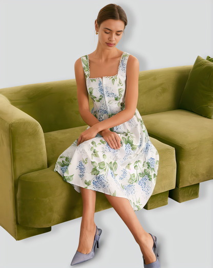 The White Square Neck Floral A-Line Midi Dress