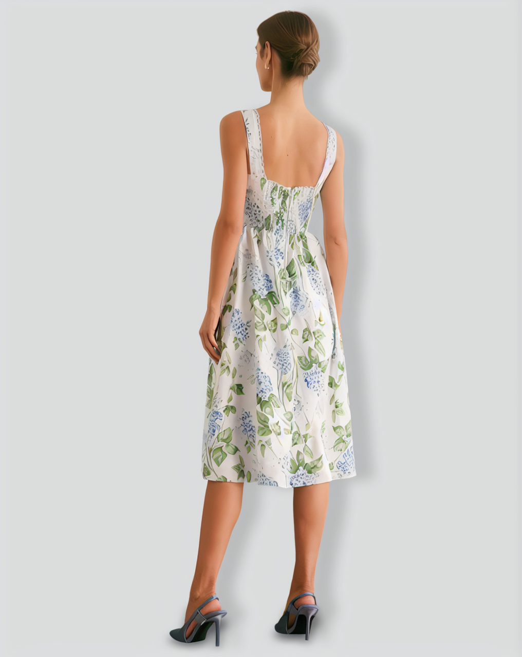 The White Square Neck Floral A-Line Midi Dress