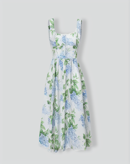 The White Square Neck Floral A-Line Midi Dress