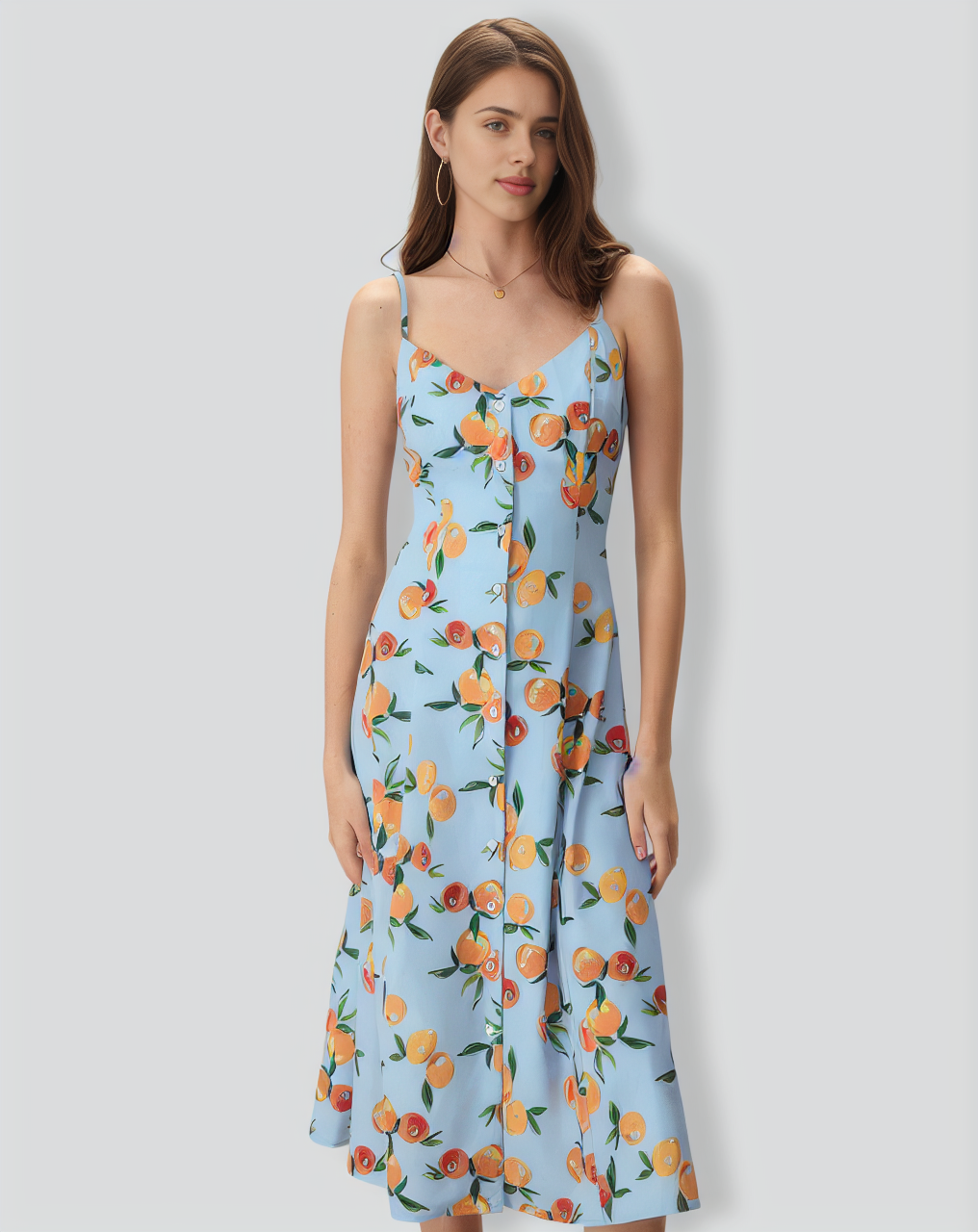 Women's Blue Fruit Print Slip Midi Dress