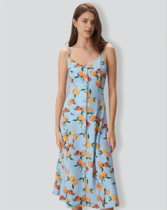 Women's Blue Fruit Print Slip Midi Dress