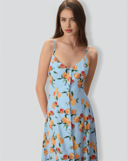 Women's Blue Fruit Print Slip Midi Dress