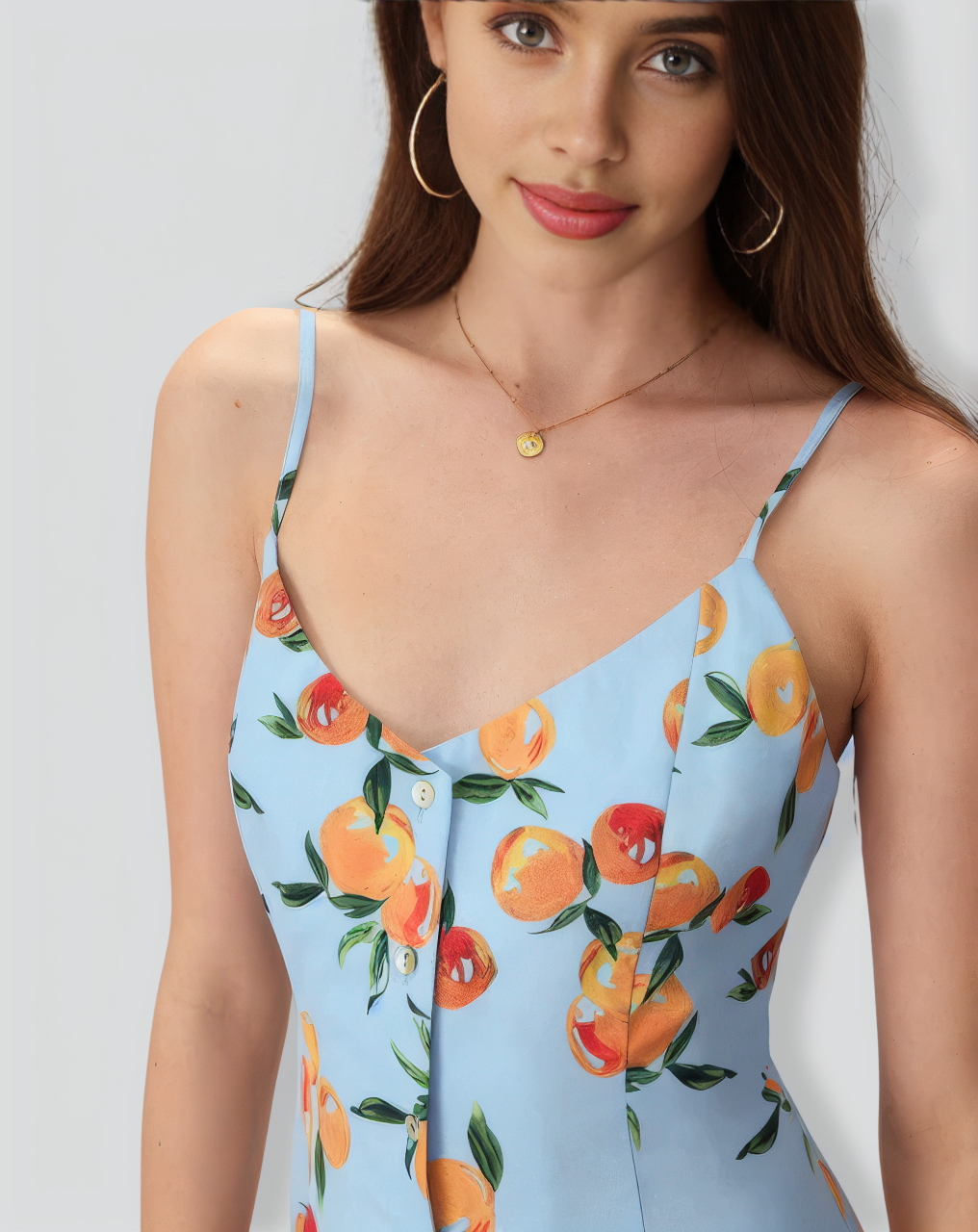 Women's Blue Fruit Print Slip Midi Dress