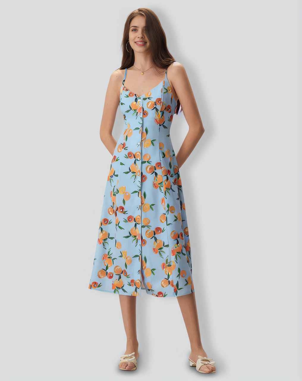 Women's Blue Fruit Print Slip Midi Dress